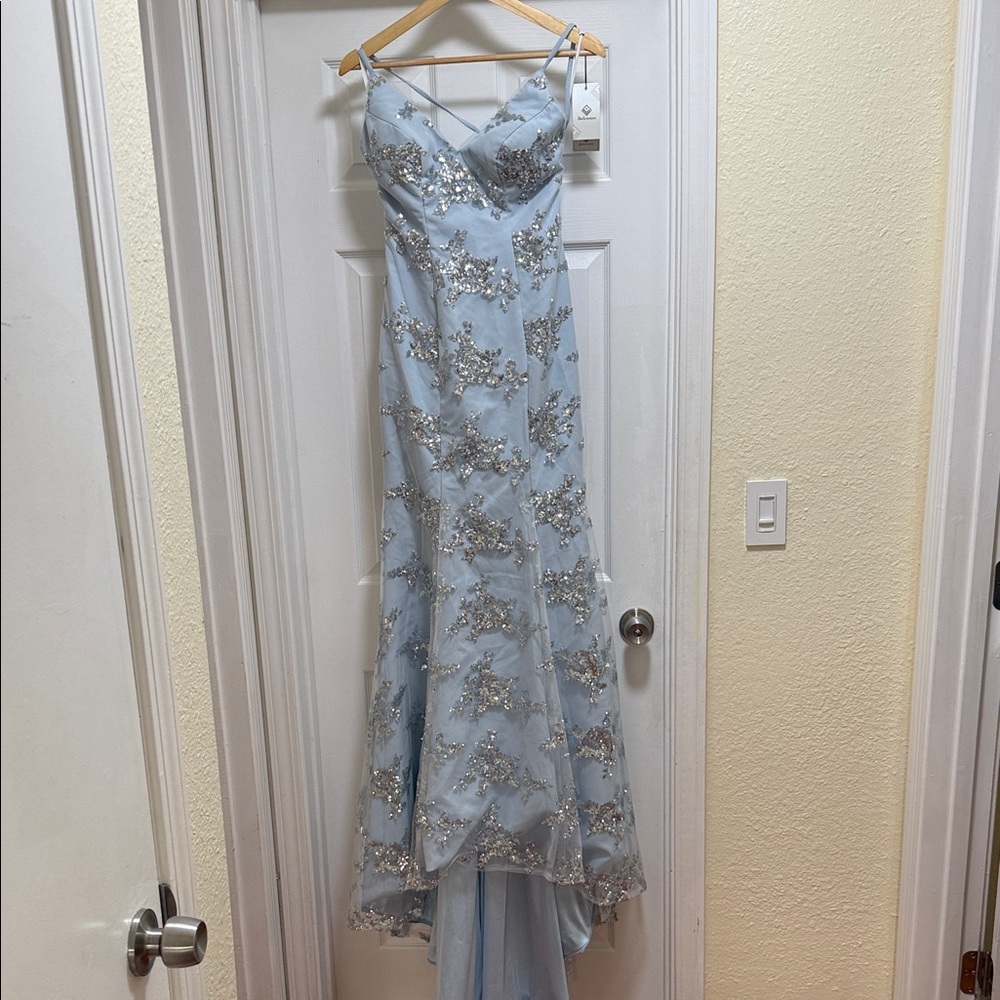 NWT Light Blue Mermaid Prom Dress with Silver Sequins Spaghetti Straps Size 2
